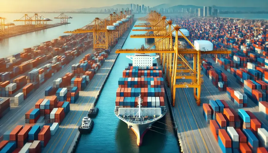 A large cargo ship loaded with shipping containers docked at a port during the sea freight import process, illustrating global trade and maritime logistics.