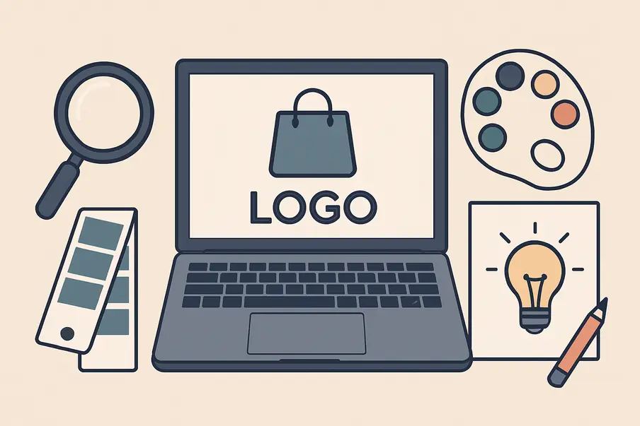 A digital flat design illustration showcasing a creative process for designing an e-commerce logo, featuring a laptop, color swatches, pencil, and sketch elements on a soft beige background.