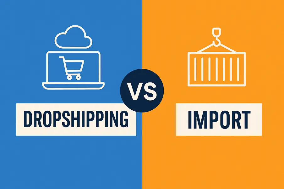 A digital graphic illustrating the differences between dropshipping and import models in e-commerce. The image shows icons representing logistics, warehouses, and online sales, highlighting the contrast between no-inventory dropshipping and stocked-import strategies.