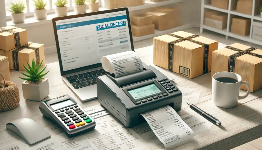 Nowoczesne stanowisko e-commerce z drukarką fiskalną drukującą paragon, laptopem z interfejsem sklepu internetowego oraz terminalem płatniczym na biurku. Idealne do artykułu o fiskalizacji sprzedaży online.