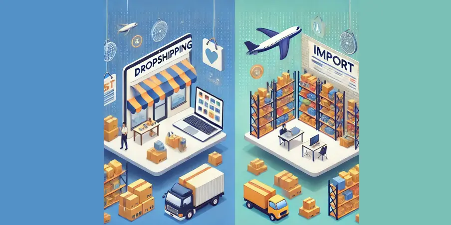 Grafika porównująca dropshipping i import jako modele sprzedaży w e-commerce, uwzględniająca kluczowe różnice w kosztach, logistyce i kontroli nad produktami.