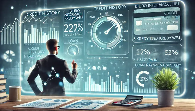 Ilustracja przedstawiająca analizę kondycji finansowej w Biurze Informacji Kredytowej (BIK). Na ekranie widać nowoczesny dashboard z wykresami finansowymi, wskaźnikiem zdolności kredytowej oraz statusem spłat zobowiązań. Mężczyzna w garniturze analizuje dane, symbolizując monitorowanie raportu kredytowego i planowanie finansowe.