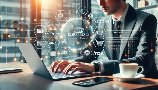 Profesjonalny przedsiębiorca e-commerce przeglądający popularne platformy takie jak AliExpress, Alibaba i Temu na laptopie, symbolizując globalny zasięg i różnorodność produktów dostępnych w sprzedaży internetowej.