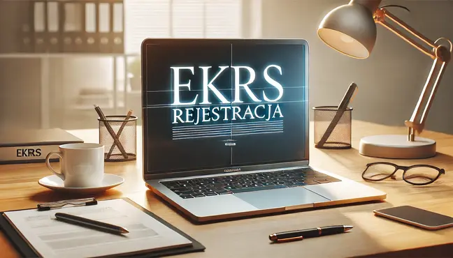 Laptop na biurku wyświetlający ekran z napisem „eKRS Rejestracja”, symbolizujący proces rejestracji spółki z o.o. online. Obok znajdują się notatnik, długopis i filiżanka kawy, tworząc profesjonalne środowisko pracy.