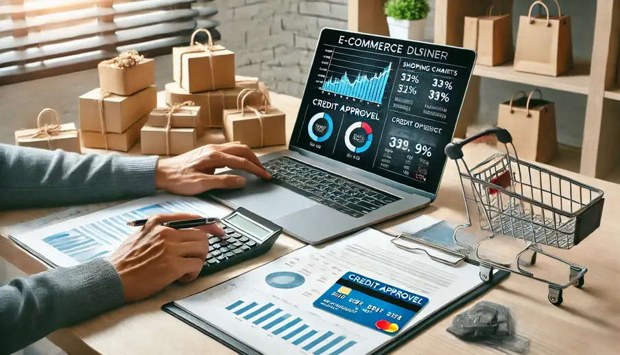 Przedsiębiorca e-commerce analizujący wykresy finansowe i opcje kredytowe na laptopie. W tle widoczne paczki z produktami, dokument zatwierdzenia kredytu oraz nowoczesne biuro.