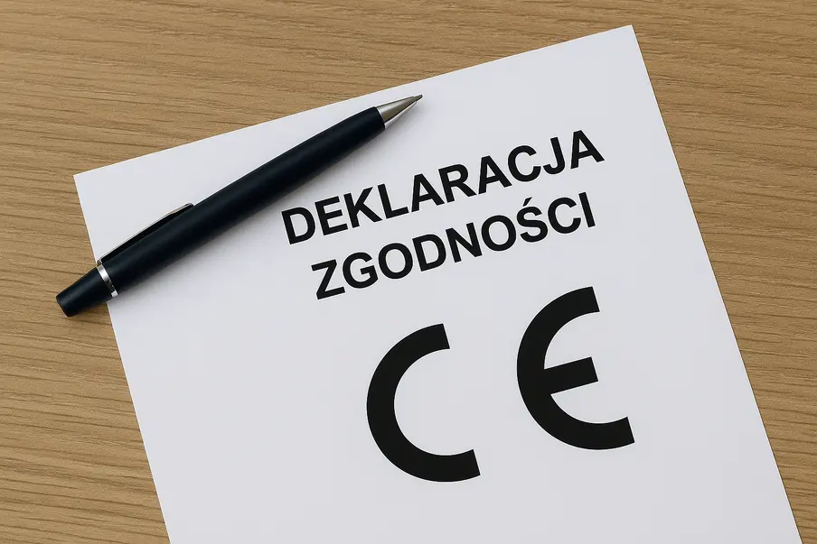 Grafika przedstawiająca dokument z napisem 'Deklaracja Zgodności', symbolizująca spełnienie wymagań unijnych dla produktów wprowadzanych na rynek UE