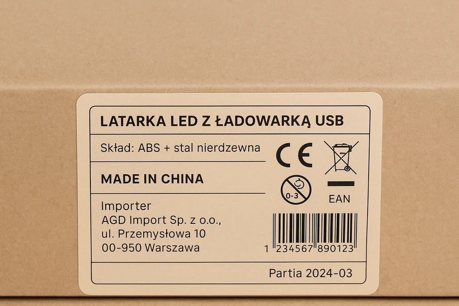Grafika przedstawia przykładową etykietę, którą powinien zawierać towar importowany z Chin.