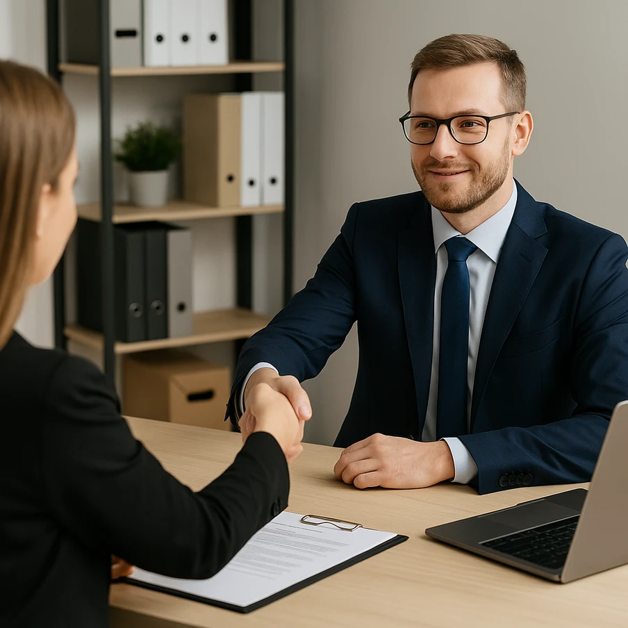 Mężczyzna w garniturze i kobieta w biurowym stroju prowadzą rozmowę w nowoczesnym biurze, symbolizując zawarcie umowy B2B i profesjonalną współpracę między firmami.